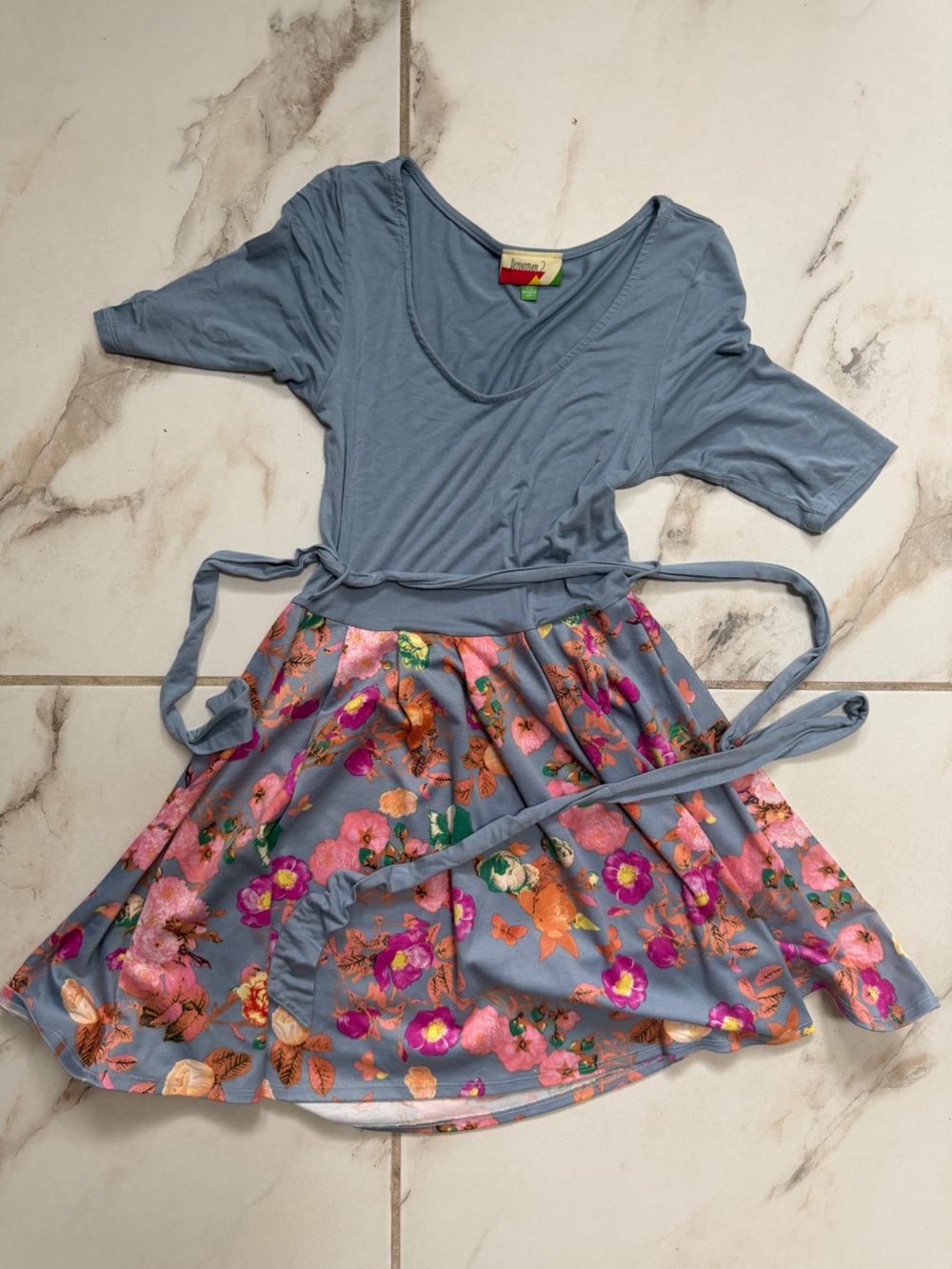 Dusty Blue Floral Tie-Waist Tunic Dress